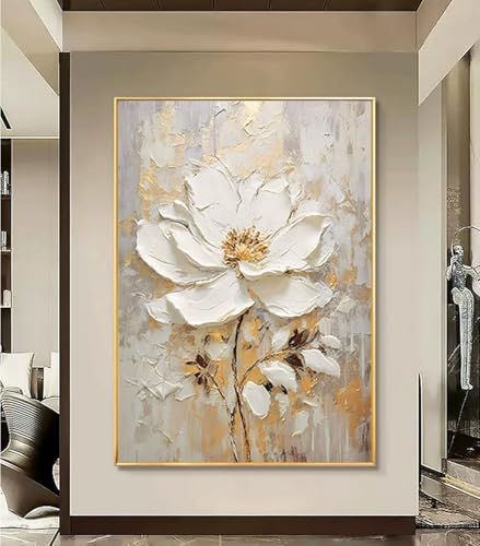 Large Hand Painted Flower Oil Painting for Ofiice-3D White Floral Canvas Wall Art for Bedroom- Framed Modern Artwork for Living Room Home Decoration 32x48inches