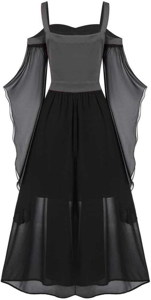 Generic Renaissance Costume Women Cold Shoulder Medieval Dress Chiffon Vintage Dress Plus Size Halloween Dresses Corset Dress Dark Gray, 4X-Large