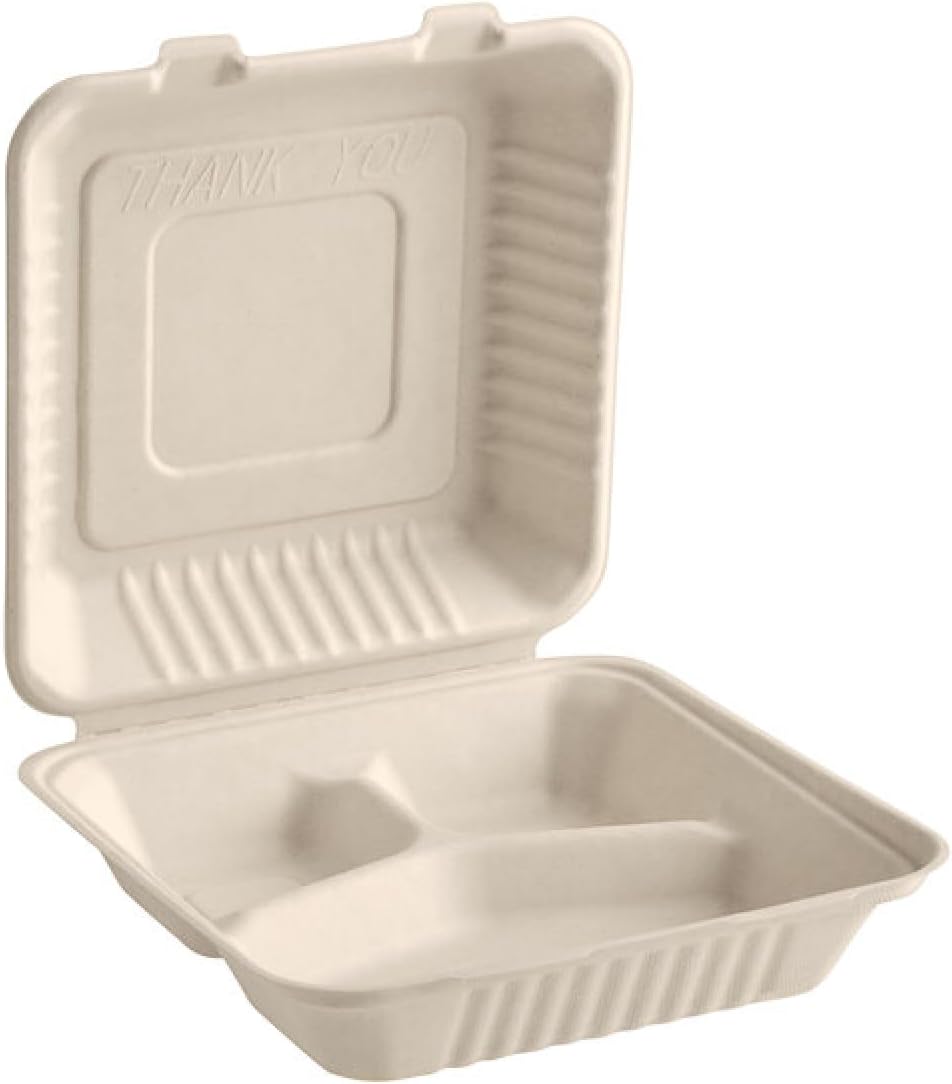 100 Pack Bagasse Clamshell Take Out Containers 9x9 | 3 Section | Heavy Duty To Go Clamshell Food Containers | Planet-Friendly and Compostable Bagasse Take Out Containers for Hot & Cold Food