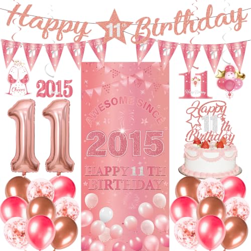 Image of 11th Birthday Decorations Girls Kit - 27 Pcs Rose Gold Happy 11th Birthday Banner Triangular Flag Hanging Swirls Backdrop Cake Topper 11 Balloon Set for 11 Years Old Party Decoration Supplies