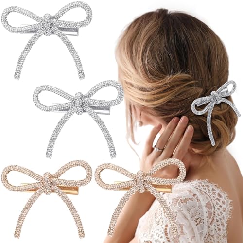 Pince à cheveux noeud argent et or | Barrette strass brillante mariage et fête