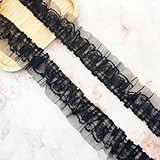 LIANCHEN 5 Yards 6cm Breite Rüschen-Borte Blumen Pleated Tulle Lace Fabric Plissee Tüll Spitzenstoff Spitzen-Blumen Dekoband Schwarz Spitzenbesatz Rüschen für Nähen, Handwerk, Halloween (Schwarz 3)