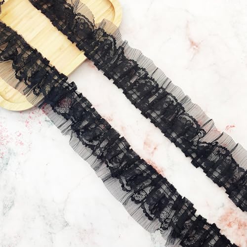 LIANCHEN 5 yardas de 6 cm de ancho, ribetes de volantes, flores plisadas, tul plisado, tela de encaje, flores decorativas, color negro, ribete de encaje con volantes para costura, artesanía, Halloween