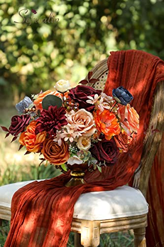 Serwalin Artificial Flowers Fake Flowers Orange Burgundy Blue Fall Wedding Flowers Combo For Home Party Decoration, Silk Foam Cake Flowers For Bridal Bouquets Floral Arrangements #TOP4