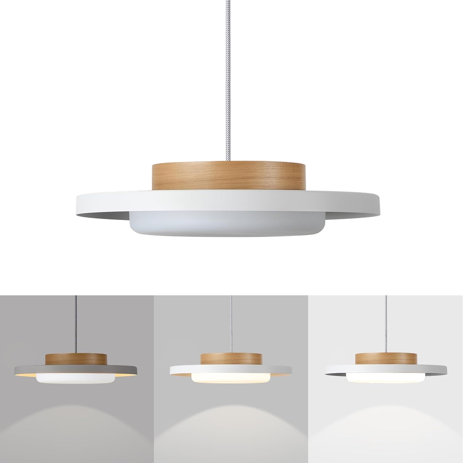 Mid Century Modern Pendant Lighting,15.7 inch,Real Wood Cap, 3000K/Warm White/22W,Dimmable LED Pendant Light Fixtures, for Kitchen, Dining Room, Living Room