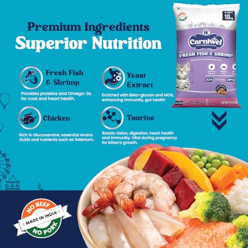 Image of Carniwel Fresh Fish & Shrimp Kitten Dry Cat Food 10 Kg | Fresh & Natural Ingredients | Highly Palatable | Supports Healthy Skin & Glossy Coat | Premium Nutrition