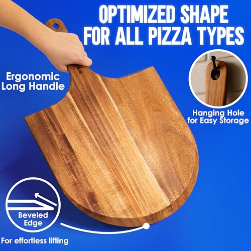 Image of KitchenStar 14-Inch Acacia Wood Pizza Peel - Large Wooden Cutting & Serving Board with Handle - Natural Oil Finish - Ideal Pizza Oven Accessory for Easy Sliding & Prep