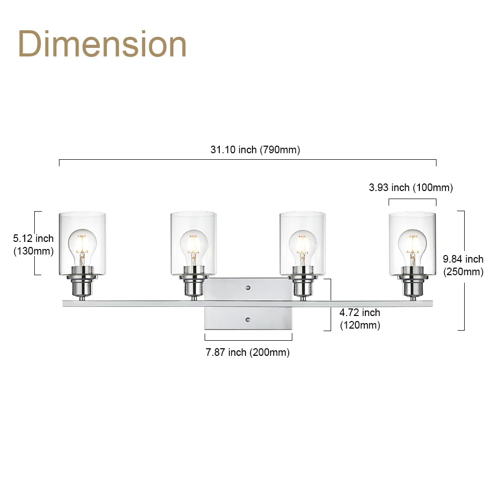 Schminklampe Armaturen, 4 Lichter Innen Moderne Verchromte Badezimmerbeleuchtung über Spiegel Klares Glas Schatten Metallsockel Wandmontage Lampe für Schminktisch Wohnzimmer