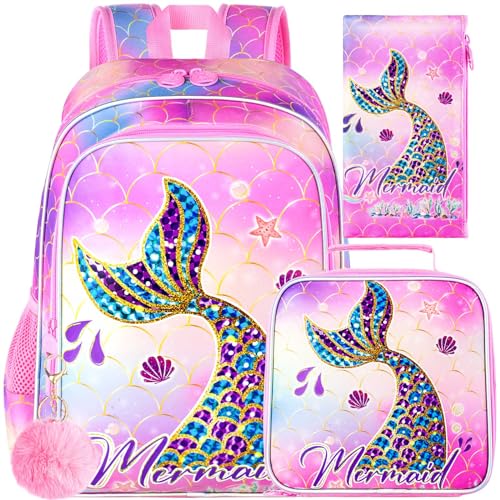 Image of HPJGD 3PCS Mermaid Backpack, Water Resistant Girls Bookbag Set with Lunch Box，Cute Kids Elementary School Bag for Preschool Toddler