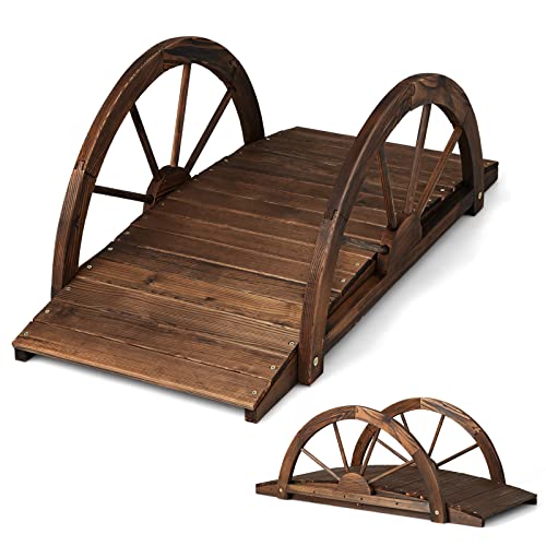 RELAX4LIFE Pont Jardin Extérieur Bois Garde-Corps à Demi-Roue Charge 150KG,Résistante aux Intempéries,Décoration Jardin Cour Arrière Ferme Jardin,Brun...
