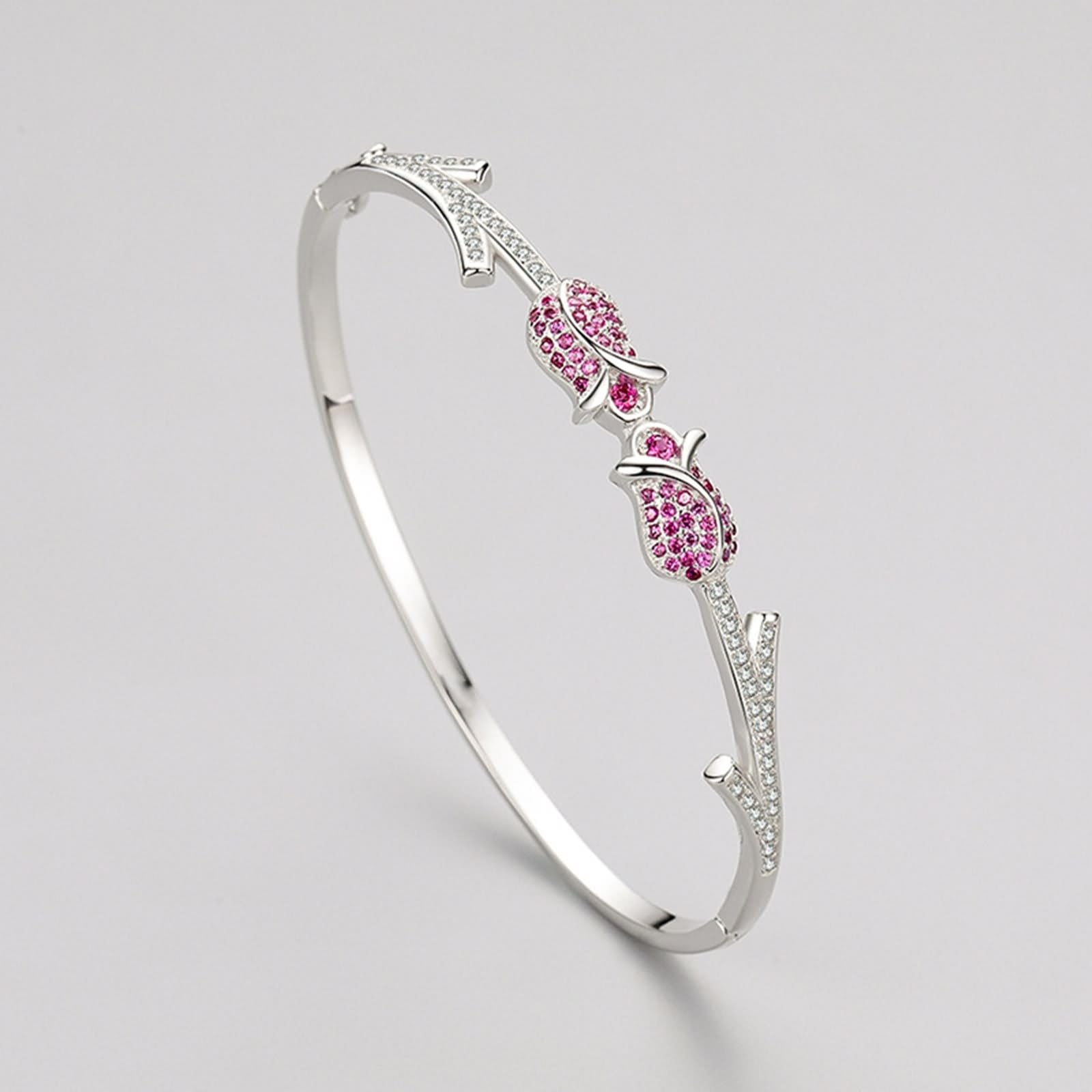 Pulsera para mujer, pulsera para mujer, rosa con rubí creado en laboratorio, oro blanco, regalos únicos para amigas y mujeres