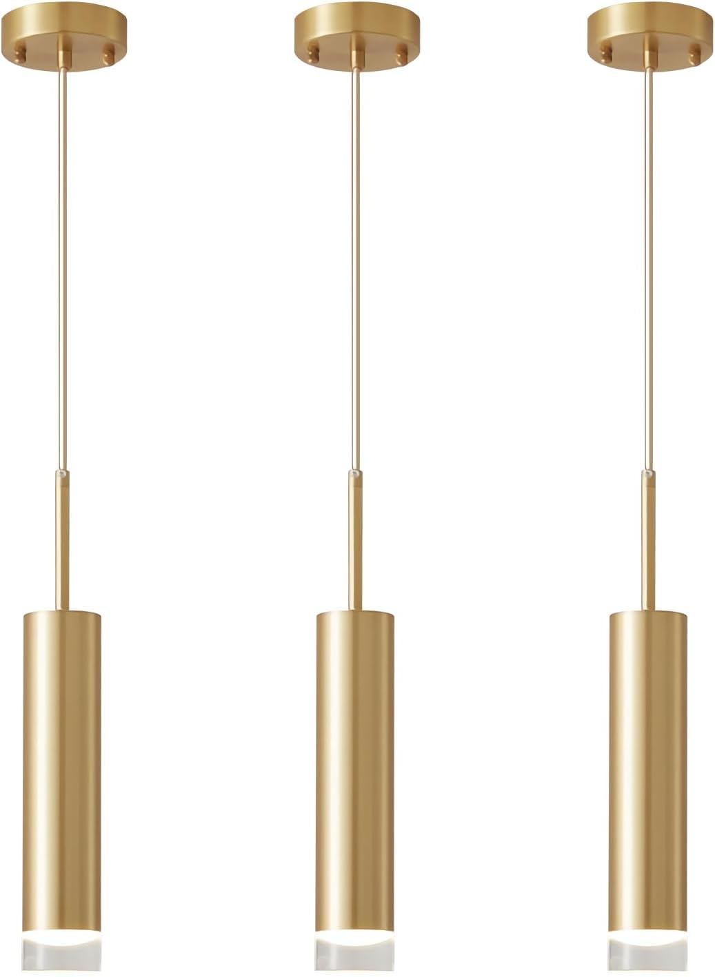 KCO Lámpara Colgante de Tubo Largo con LED Dorado Industrial, Lámpara Colgante de Cilindro en Miniatura de Latón Cepillado de Mediados de Siglo Para Isla de Cocina