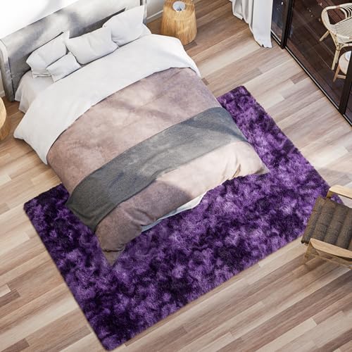 Image of Softlife Dark Purple Area Rug for Living Room, Fluffy Shag Plush 6x9 Rugs for Bedroom Girls Kids, Shaggy Soft Fuzzy Tie Dyed Large Carpet for Dorm Bedside Ultra Cozy Non-Slip Indoor Decor