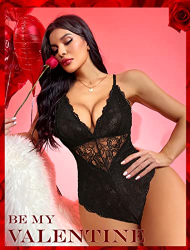 Avidlove Snap Crotch Lingerie Women Deep V Lace Teddy Bodysuit One Piece Babydoll(Black,L) - Image 3