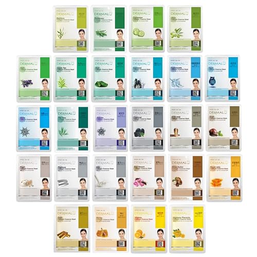 Image of DERMAL 26 Combo Pack Collagen Essence Korean Face Mask (Green & Yellow) - Hydrating & Soothing Facial Mask with Panthenol - Hypoallergenic Sheet Mask for All Skin Types - Home Spa Treatment Mask