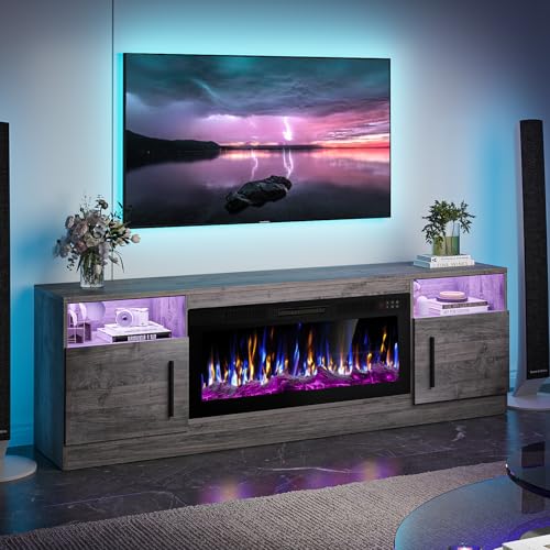 VITESSE TV Stand with 36' inch Electric Fireplace Up to 80' TVs, LED Light Entertainment Center, 70' Modern Wood High Gloss Fireplace with Highlight Storage Cabinet for Living Room (Grey)