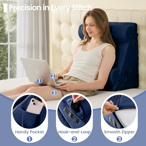 Image of Sasttie Wedge Pillow Set for After Surgery, 3PCS Adjustable Bed Wedge Pillow Headboard with Memory Foam Neck Cushion - for Acid Reflux, Sleeping, Neck & Back Support, Navy