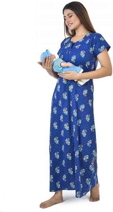 Generic Cotton Maternity Gown for Women Pregnancy - Floral Feeding Maxi & Night Dress for Pregnant Women - Nursing Pre and Post Pregnancy WearCare Instructions: Hand Wash Only Fit Type: Relaxed Blue