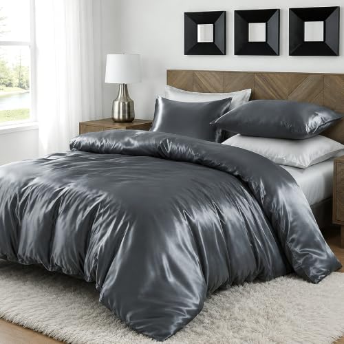 Luowei Satin Bettwäsche 220x240 cm Dunkelgrau Hochwertig elegant Bettwäsche Set Seide Lüster Weich Kühlung Anti-Falten Bettbezug Mit Reißverschluss und 2 Kissenbezüge 80x80cm