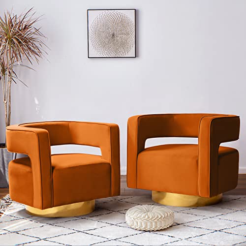 HULALA HOME Swivel Accent Barrel Chair, Modern Velvet Accent Chair Set of 2 with 3D Curved Open Back & Swivel Gold Metal Base, Velvet Club Chair for Customer Reception Store Decorations, Orange HULALA HOME Swivel Accent Barrel Chair, Modern Velvet Accent Chair Set of 2 with 3D Curved Open Back & Swivel Gold Metal Base, Velvet Club Chair for Customer Reception Store Decorations, Orange