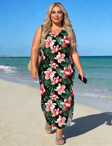Image of UOUA Women Summer Maxi Dresses Plus Size Casual Hawaiian Sundress Sleeveless Loose Split Beach Dress with Pockets