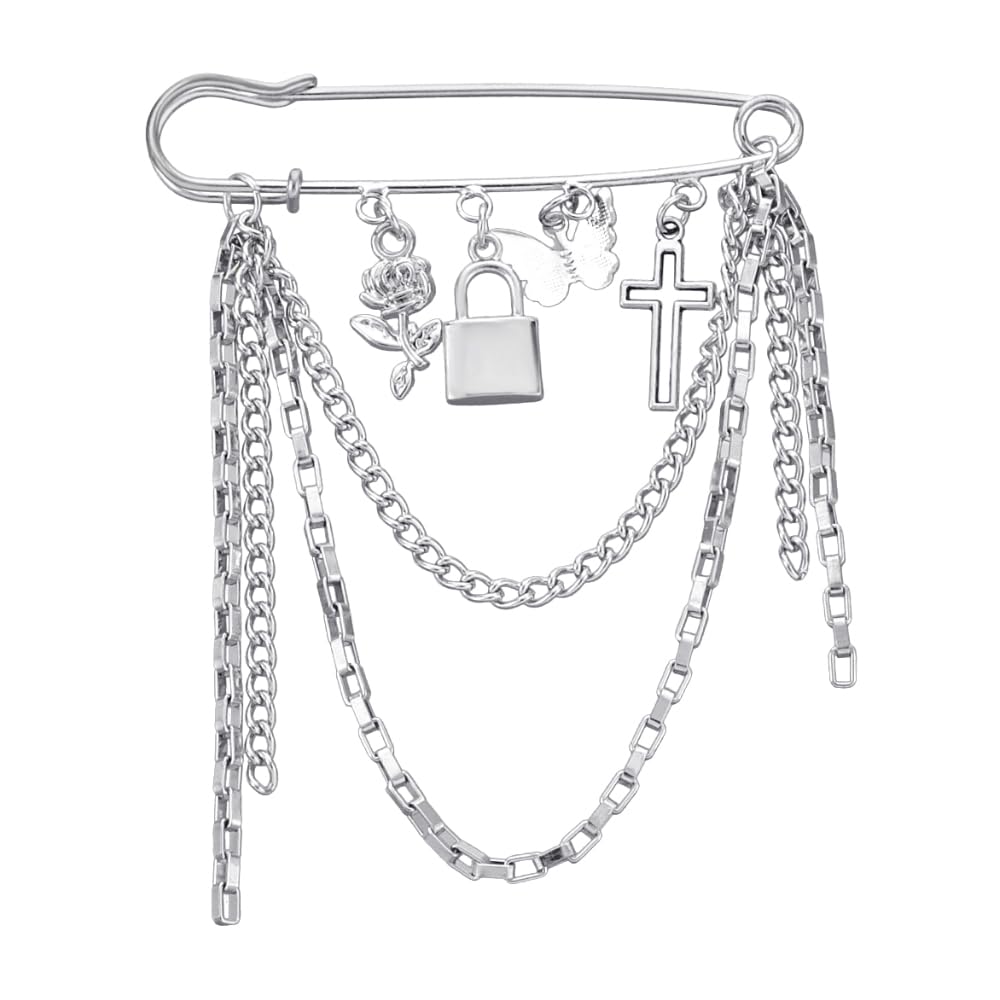 Safety Pin Brooch with Hanging Chains Charms Decorative Punk Goth Collar Brooches Pin for Sweater Dress Skirt Tie Pins Emo Pins