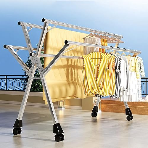 Étendoir à linge robuste en acier inoxydable pliable réglable 5 barres à roulettes