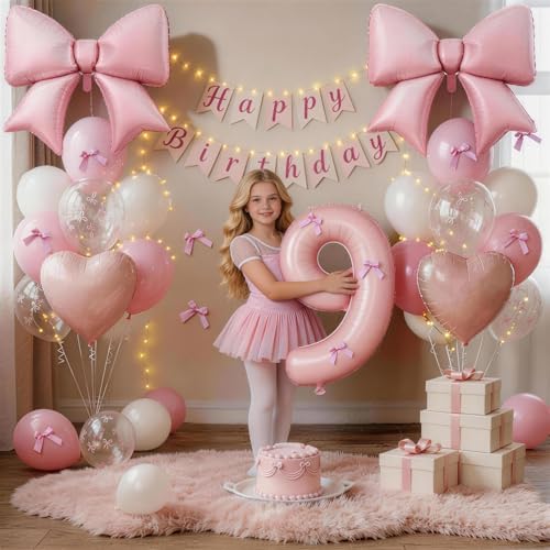 Image of 9th Birthday Decorations for Girl,Pink 9 Balloons for Party Decorations | 9 Year Old Birthday Decoration,Anniversary Party Decor,Pink White Balloons,Bow Print Balloons,Heart Balloons