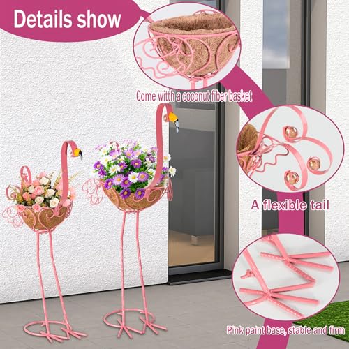 SIFOEL Metall Flamingo Pflanzgefäße, Satz von 2 rosa Flamingo Blume Pflanze Töpfe mit Korb für den Innenbereich im Freien Garten Hof Terrasse Veranda Dekor