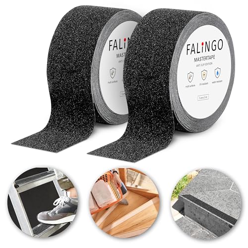 FALINGO Ruban adhésif antidérapant, 2 rouleaux 5 cm × 5 m, en PVC autocollant, pour escaliers et marches, à l'intérieur et à l'extérieur (Noir)