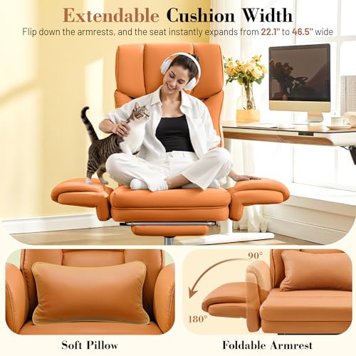 Image of Big and Tall Office Chair, 400LBS Wide Leather Gaming Chair with Footrest, High Back Executive Chair, Reversible Armrest for Pets, 135 Reclining Cross Legged Desk Chair with Lumbar Support(Brown)
