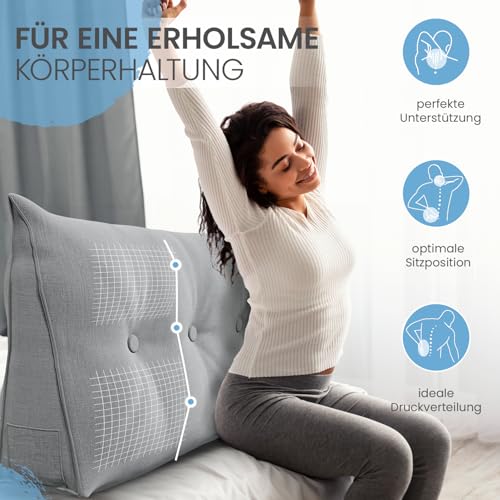 ELONEO Rückenkissen 140 cm breit, Keilkissen für Bett und Sofa geeignet, dreieckiges Lesekissen, Kissen mit abnehmbarem und waschbarem Bezug, mit praktischem Seitenfach