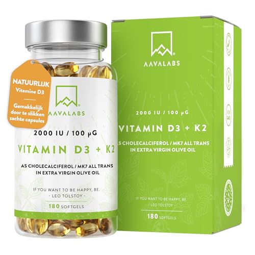 Vitamine D3 K2-complex (2.000 IE + 100 μg] met olijfolie van eerste persing - Vitamin D3- en vitamin K2-softgels met hoge sterkte - GMO-, gluten- en lactosevrij - 180 Vitamine K2 MK 7-softgels