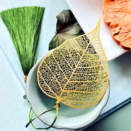 Metal Leaf Bookmarks with Gift Box Gold Chinese Bookmarks with Tassels for Men Women Leaf Vein Bookmark
