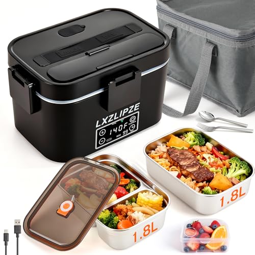 Lxzlipze Cordless Electric Lunch Box for Adults, 2x1.8L Container Self-Heating lunch box with Timer, 16000mAh Battery-Powered Portable Food Warmer Perfect for Office, Work, Travel, and Car Use