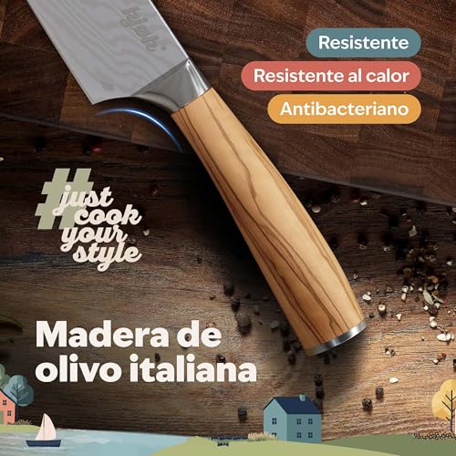 kjøk Juego de Cuchillos profesional y premium para cocina en estilo cuchillo japonés Damasco y mango de madera de olivo, dureza 58±2 HRC - compuesto por cuchillo nakiri, de chef 20cm e 13cm - imagen 6