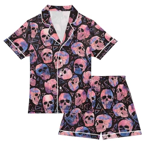 ALAZA Cool Sugar Skull Black Satin Pajamas Set Short Sleeve Button Down Sleepwear Summer Pjs 2 Piece