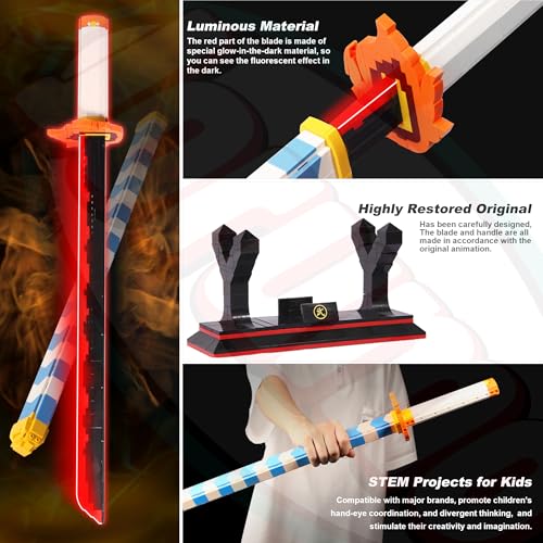 Jorumo Sword Building Set, 27in Rengoku Kyoujurou Sword with Scabbard and Stand, Cosplay Anime Toy Block for Collecting 798 Pieces, Luminous