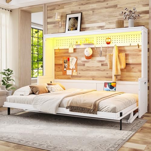 Image of KEIKI Queen Size Horizontal Cabinet Murphy Bed with Desk, Solid Slat, White | Foldable Hideaway Wall Bed Frame with USB Charging Station, No Box Spring Needed, Easy Assembly, for Bedroom, Guest Room