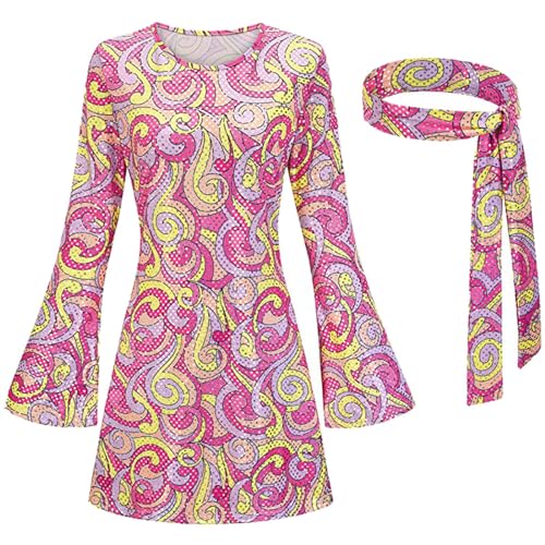 70er Jahre Hippie Kostüm Damen Disco Outfit Set Retro Minikleid mit Trompetenärmeln und Stirnband Bunt Muster Blumenkleid Tunika für Karneval...