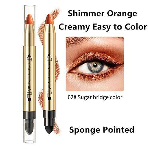 Go Ho Orange Highlighter Eyeshadow Stick,Orange Cream-To-Powder Eyeshadow Pen Crayon Eye Brightener Stick,Shimmer Eyeshadow Pencil Smooth Easy To Color With Sponge Pointed,#01 Shimmer Orange #TOP1