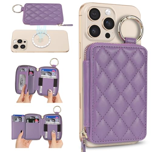 Image of Compatible with MagSafe Wallet,Magnetic Wallet for iPhone 17 /16 Pro Max /15 Pro /14 Plus /13 /12 Series,PU Leather Zipper Pocket Card Holder Adjustable Stand-Light Purple