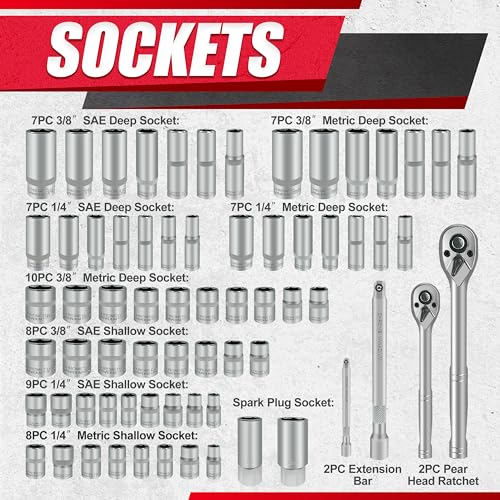Image of EACELIY 69pcs 1 /4 inch&3 /8 inch inch Drive Impact Socket Set,Drive Master Socket Set,SAE /Metric, Deep & Shallow with Drive Head Ratchet,Drive Spark Plug Socket,Extension bar (3 inch & 6 inch),6 Point,CR-V Steel, Mirror