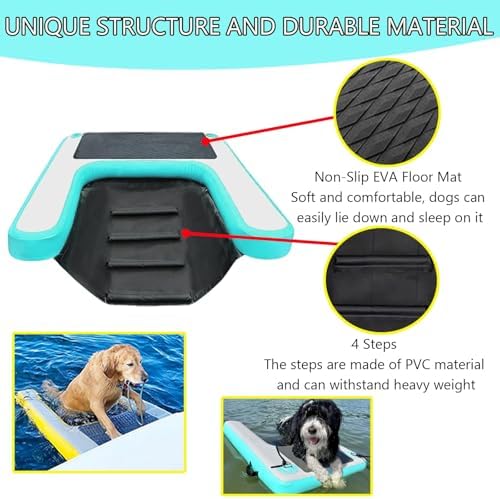 Inflatable Water Ramp for Large Dogs, 58" L x 40" W, Heavy Duty Floating Pet Platform, Supports Up to 200 lbs, Ideal for Lake, River, Beach Use (Black)