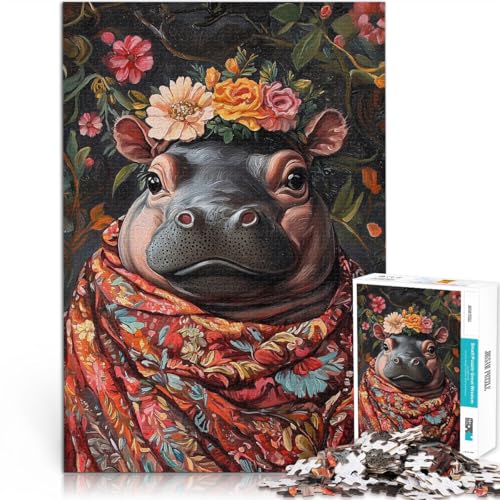 Juego Familiar para y Retrato Floral de hipopótamo Rompecabezas para Adultos de 1000 Piezas 26x38cm Decoración hogar Apto para Mayores de 14 años.