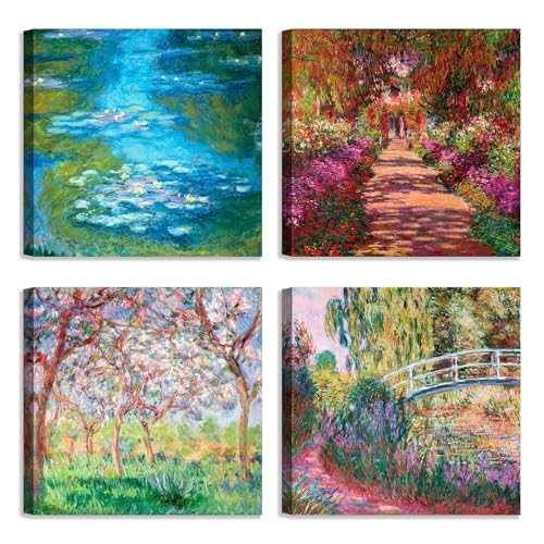 LuxHomeDecor Set di 4 quadri 30x30 cm – stampa su tela con telaio in legno stile impressionista francese – Claude Monet