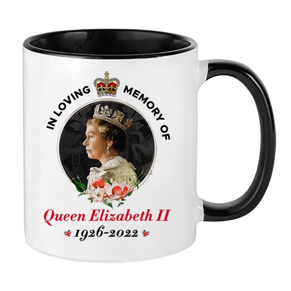 Giftme in Loving Memory of Queen Elizabeth II Majesty Coffee Tea Mug 11oz Inside Coloured Ceramic Mug. (Black)