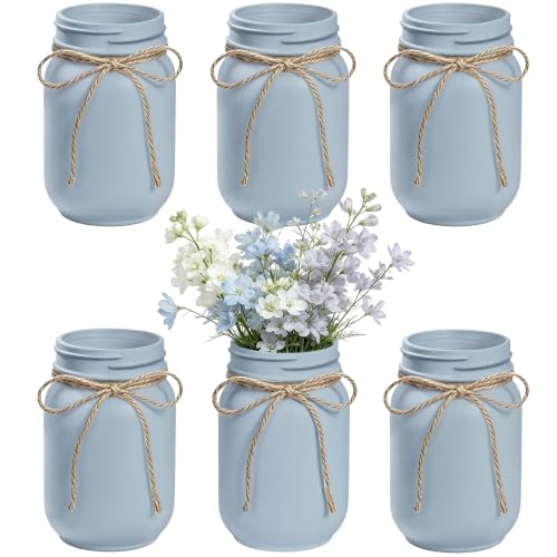 LEYIQU 6Pcs Blue Mason Jar Glass Flower Vases for Centerpieces