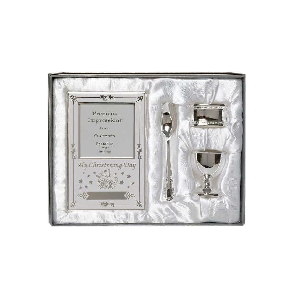 Bellissimo set regalo per battesimo placcato in argento, 4 pezzi, include portauovo, cucchiaio, cornice per foto del bambino, portatovaglioli in confezione regalo