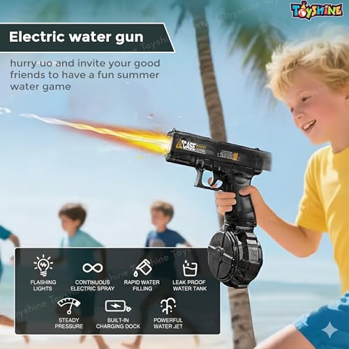 Image of Toyshine Rechargeable Automatic Holi Water Gun Toy with 330ml Capacity | Transparent Electric Water Squirt Gun with LED Light | Perfect for Holi Festival & Summer Outdoor Fun - Black